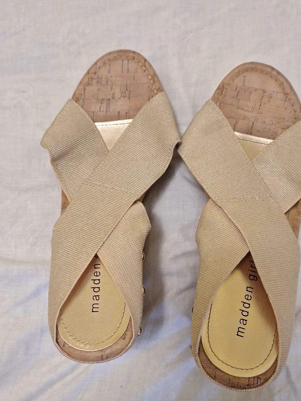 Madden Girl Tan Crisscross Elastic Wedge Sandals